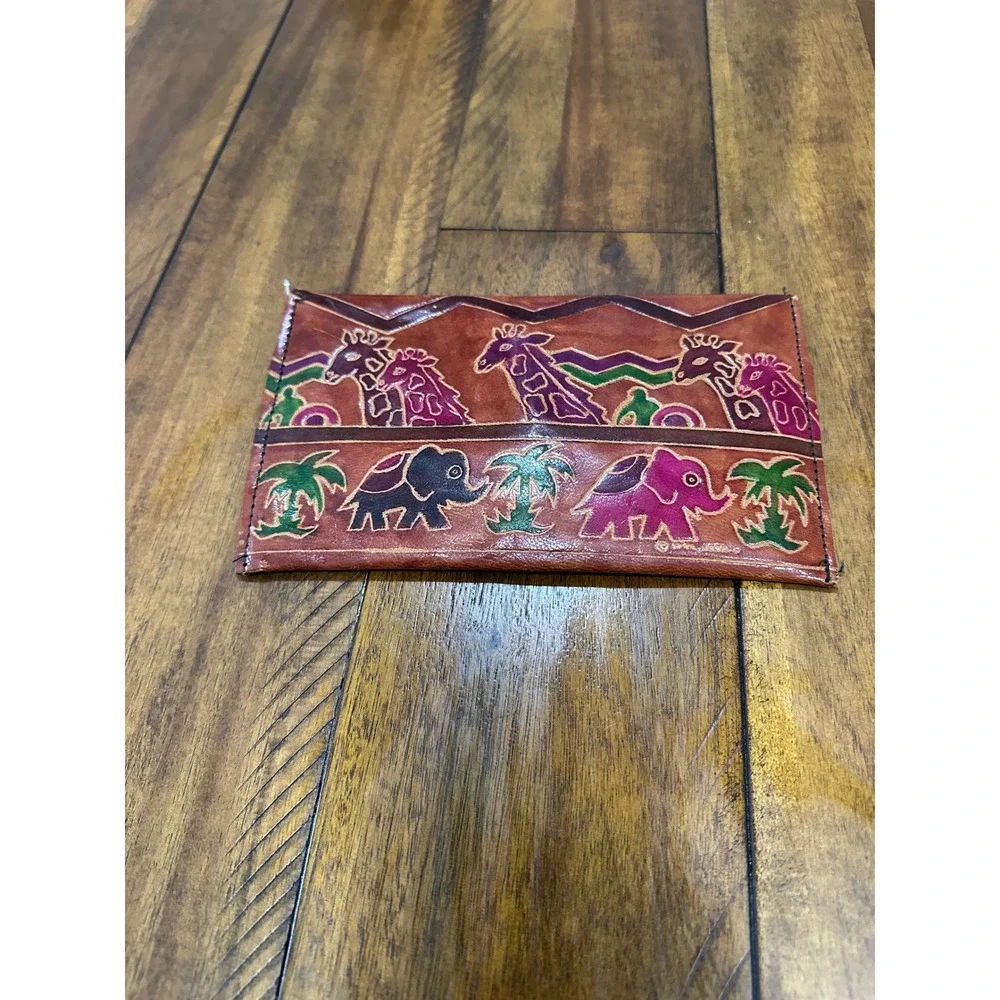 Unbranded Hand Painted Leather Animal Clutch Wallet Elephant Giraffe India Boho